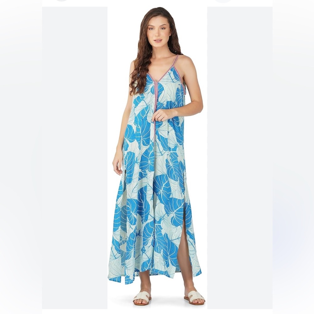 Blue Floral Maxi Dress with Pink Trim
